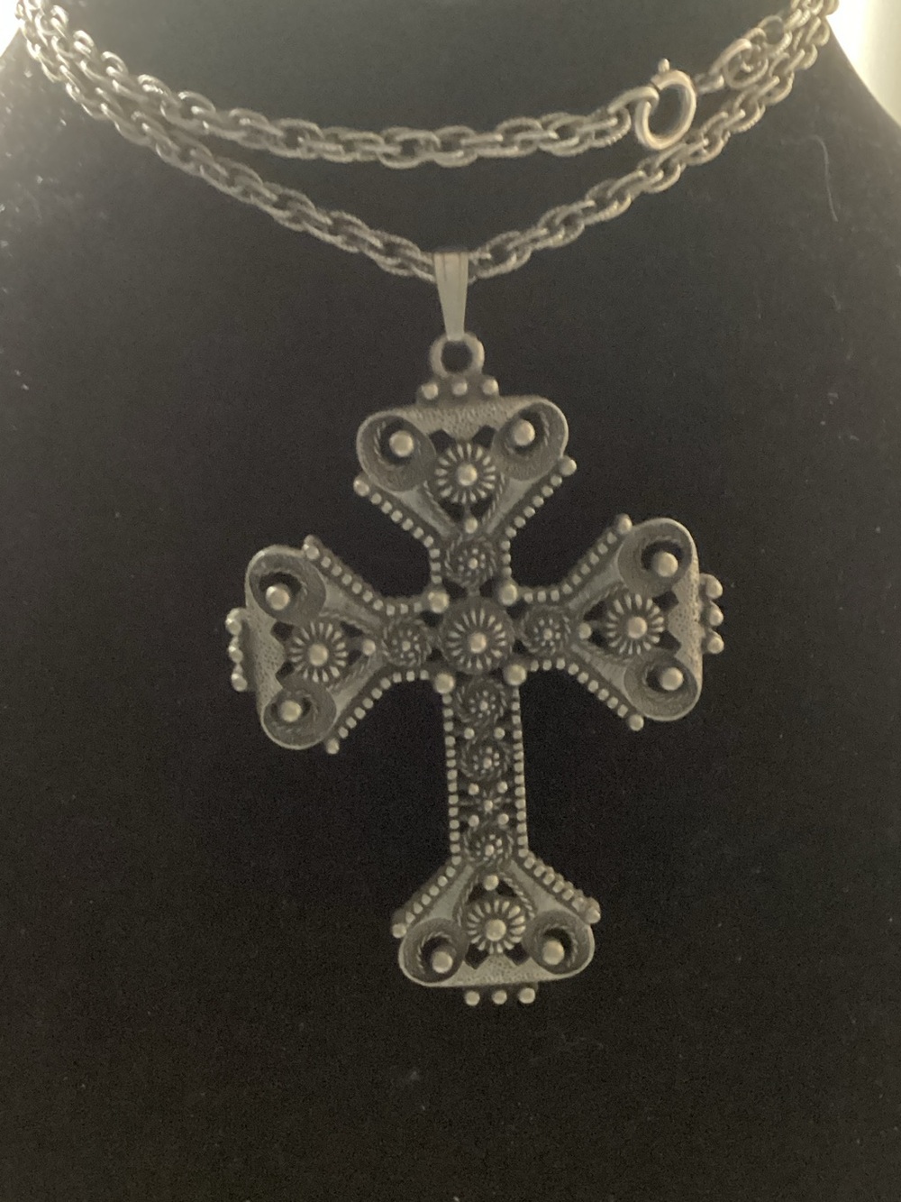 Ornate Floral Cross Pendant Necklace in Antique Silver